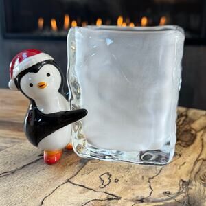 Holiday Penguin & Frosted Glass Ice Cube, Tealight Holder, Vase or Candy Dish